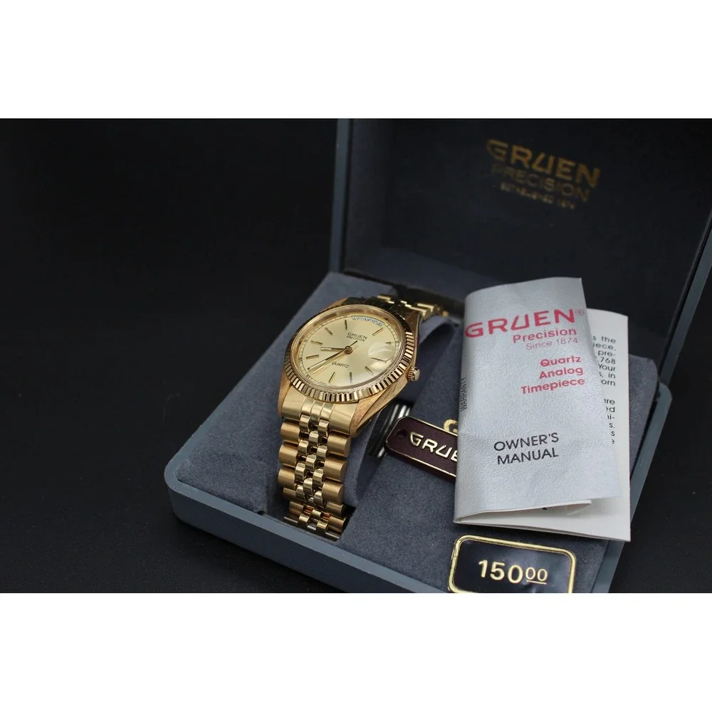 NOS Gruen Precision Quartz Day Date 36mm Box Papers Gold Tone Runs